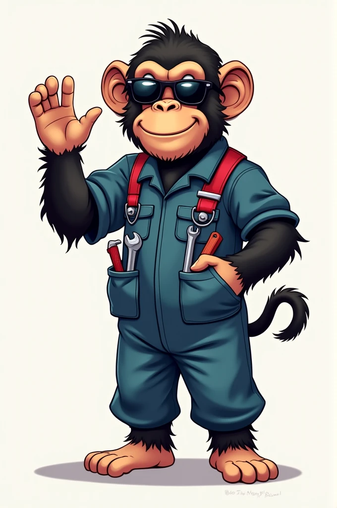 Chimpanzee with no tail wearing mechanic suit, may be a boiler suit, sunglass in eyes one hand waving at us, 
the other hand is holding a tool. 
Some tools are peeking out of his pockets. 
His name is Gribo the Chimp. 
A cartoon image
An adult chimp
