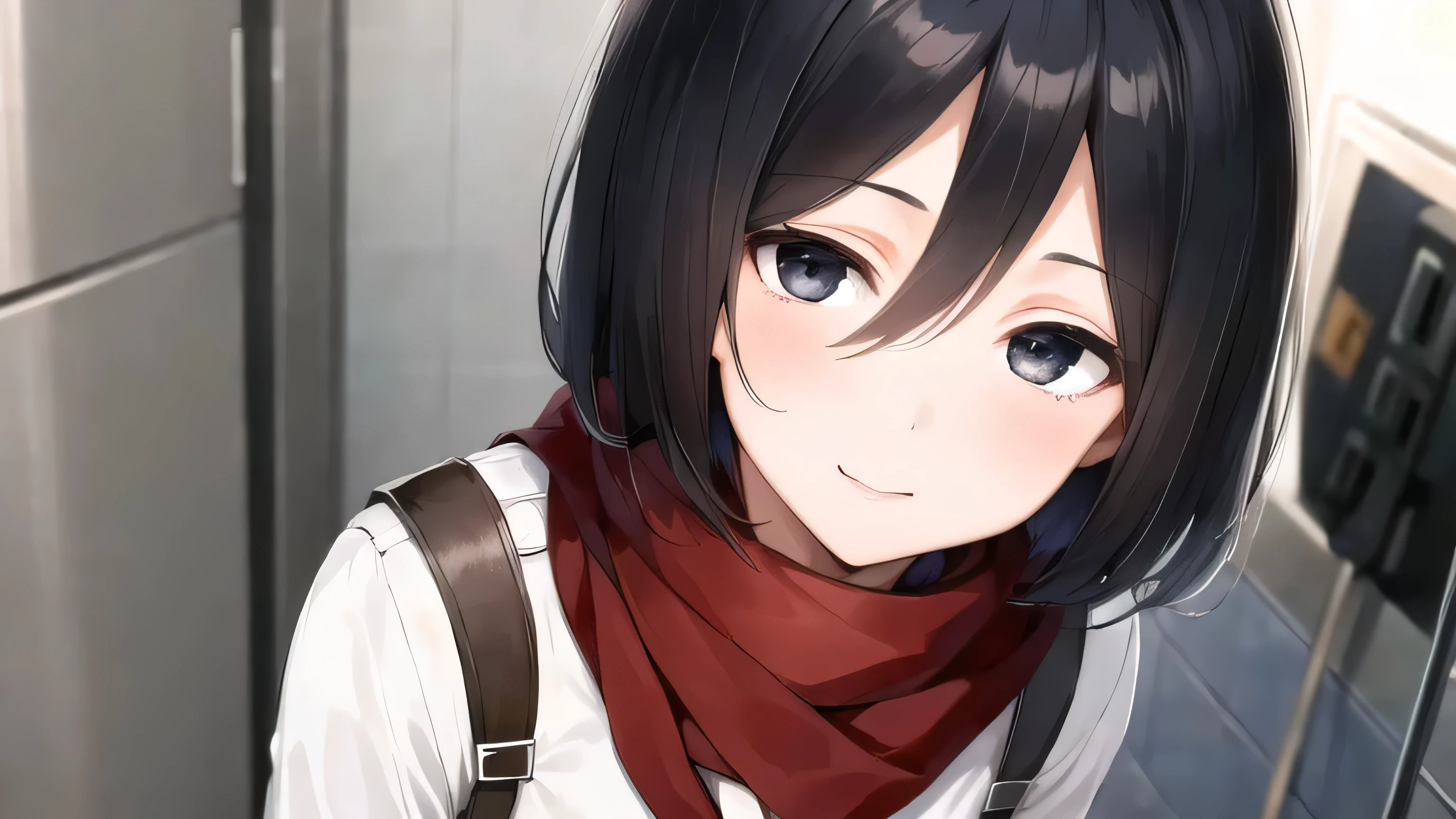 masterpiece, best quality, highres, hmmikasa, short hair, black eyes, scarf, white night dress, close up face, soft expression, navy blue sailor school uniform, white skirt, small smile, subway station, looking up at the camera