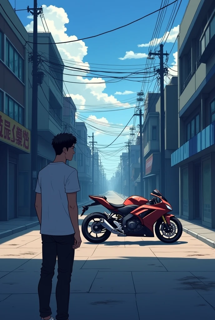 Man in white t-shirt seeing from afar only the motorcycle on the other side of the deserted street parked anime hd
