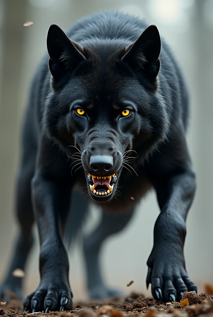 A black wolf with yellow eyes, in attack position looking at the camera.
