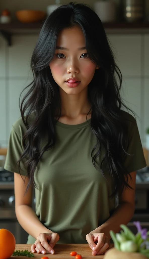 ((best quality, 8 thousand, masterpiece:1.4)), (20 year old woman), Highly detailed face and skin textures, detailed eyes, (Indonesian woman), (black wavy very long hair:1.3), beautiful bridge, Magic, body, thighs, very big breasts, (realistic:1.37), (Huge, saggy breasts), a scene from a movie, Beautiful portrait of a woman preparing food in the kitchen, ponytail, short ponytail, front ponytail, tongue out, shy, Surrealism, high detail, cinematic lighting, social media composition, cowboy shot, Fujifilm, UHD, retina, masterpiece, ccurate, anatomically correct, textured skin, super detail, high details, high quality, award winning, best quality, highres, 1080P, HD, 8k, 16k, ((huge_breasts)), ((sagging_breasts)), small face, woman in her 20s, wearing dull green t-shirt, Comfortable clothing when cooking,