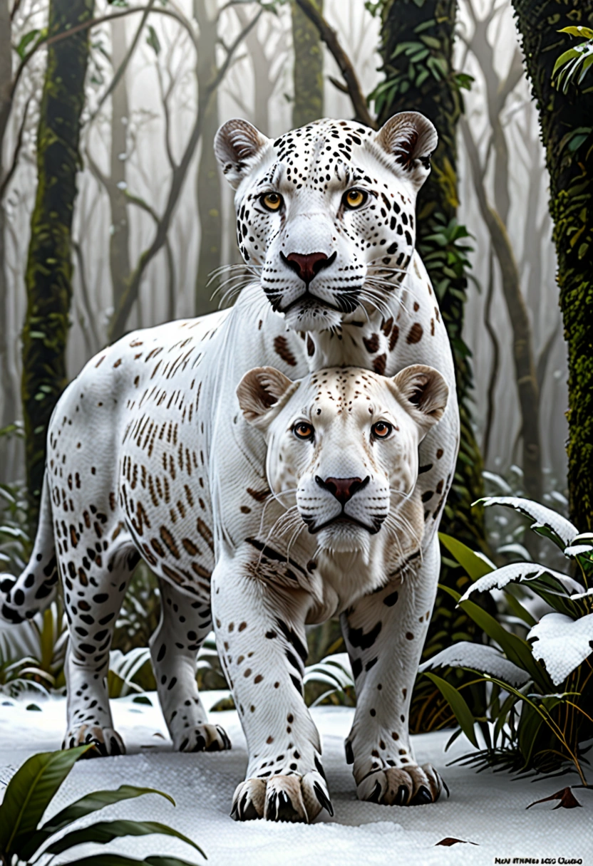 create 12k hd ultra-realstic white jaguar  with death Cape buffalo Die under the front footsteps of white jaguar in frosty jungle image will be very very realistic 