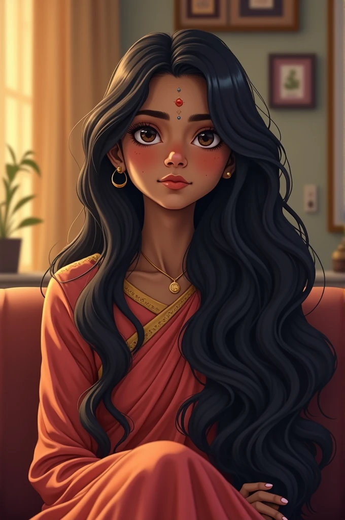 Traditional Indian young college girl sitting in salon over her boyfriend's couch waiting to get her haircut which she was growing since her childhood and after such a long time her dark true black hair got very long and voluminous. 
