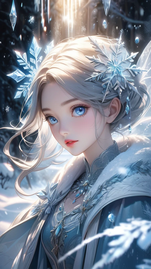 a snowy landscape, dark canvas, transparent sparkling snowflakes falling, transparent holographic reflections, surreal scenery created by snowflakes, leaves the viewer speechless, beautiful world, 1girl, detailed eyes, detailed lips, extremely detailed face, long eyelashes, beautiful detailed portrait, elegant, serene expression, winter, high quality, 8k, photorealistic, hyperrealistic, studio lighting, physically-based rendering, vivid colors, cinematic lighting, dramatic lighting, soft lighting, dramatic contrast, glowing snowflakes, icy, frozen, cold, crystal clear, ethereal, dreamlike, mystical, magical, fantasy, concept art