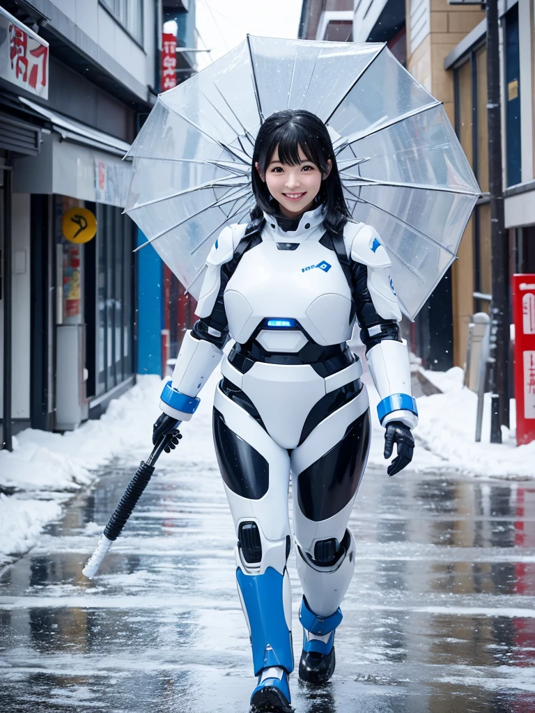 Japanese female android,Black Hair,White and blue robot suit,Plump,Walking through the city under a heavy snowfall with an umbrella,smile,