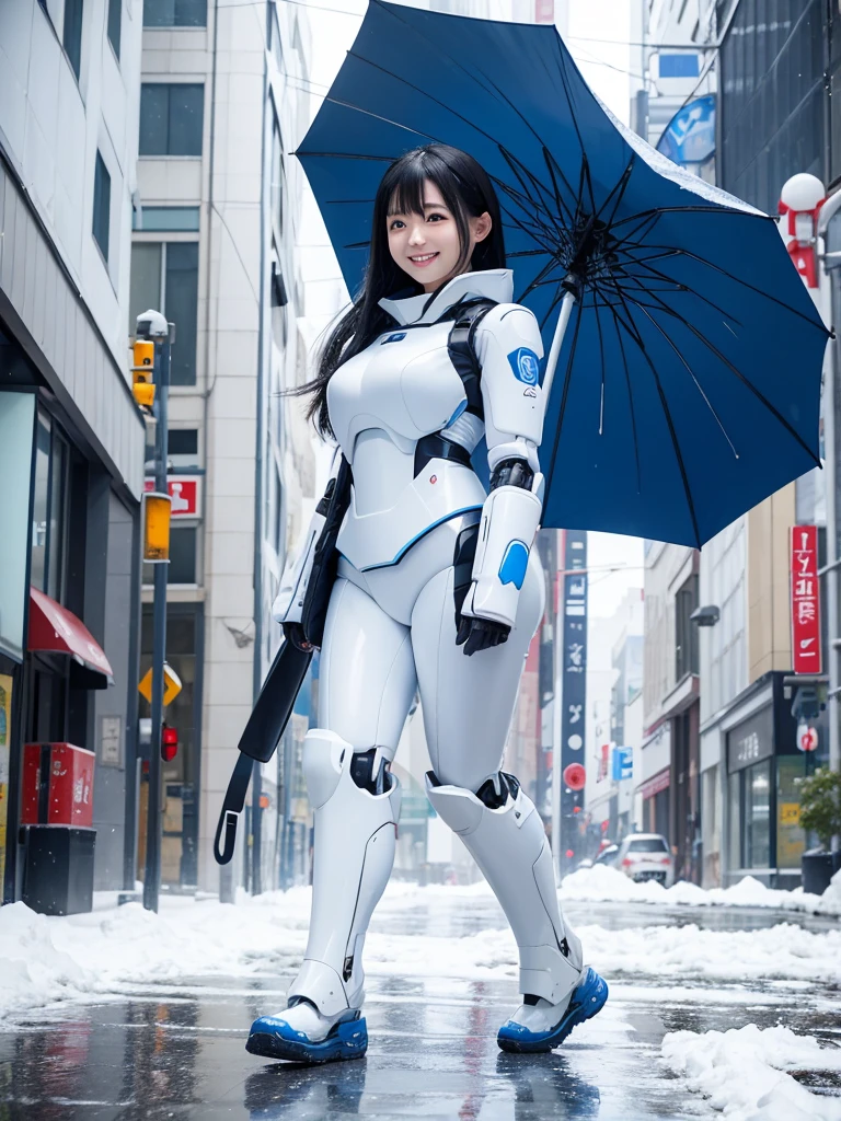 Japanese female android,Black Hair,White and blue robot suit,Plump,Walking through the city under a heavy snowfall with an umbrella,smile,