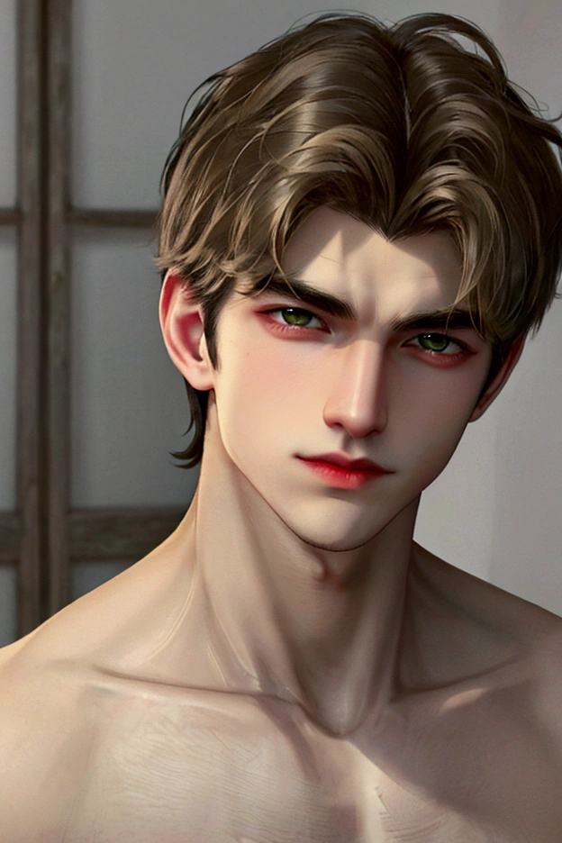4k, high resolution, best quality, masterpiece, perfect color, perfect shade, perfect lighting, Posted by e621, ((portrait)), ((handsome man)), perfect male figure, Short hair details,Naked torso,Detailed face, perfect face, (stood up), Detailed background, ((Bonifasco Lighting)), (delicate eyes),(animal ears:fox),((big fluffy tail)),tattoo,((forest)),emaciated