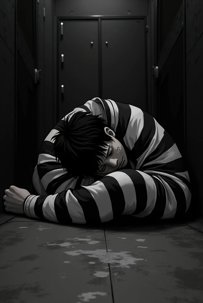 Monkey D. Luffy in a black and white striped long sleeve prison uniform with his eyes closed teary and crying inside a jail lying on the floor 