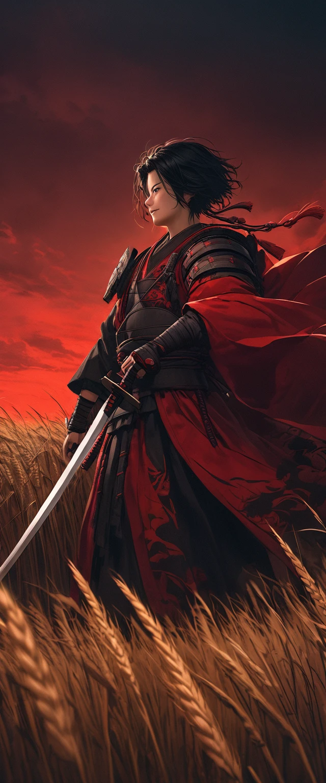 a young ronin with a large sword, standing alone in a wheat field at night, wearing a billowing red european noble dress, messy short black hair, smiling wide, dark and eerie atmosphere, red sky, black trees, red flowers, dramatic lighting, highly detailed, cinematic, photorealistic