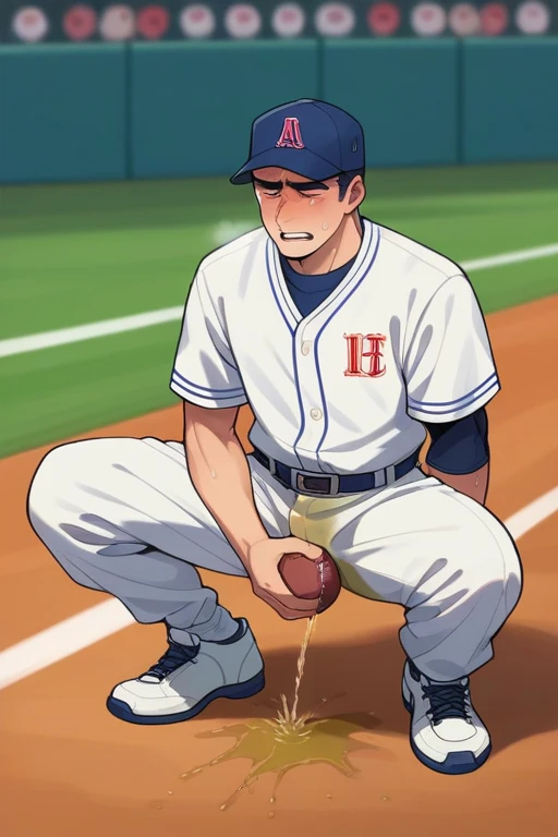 20 years old slender and mascular man in his baseball uniform is peeing himself when he is playing baseball. but he couldn't hold his pee. There's a large pee wet spot on his pants. Pee stain on his crotch. He looks ashamed of peeing himself. Anime