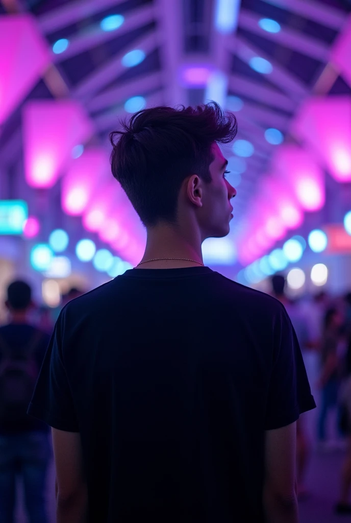 Young man with his back turned looking to the side in a black shirt at a video game fair with purple and blue lights