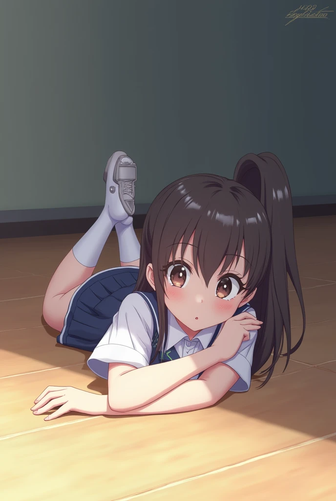 Anime girl in school uniform lying on her stomach on the floor 