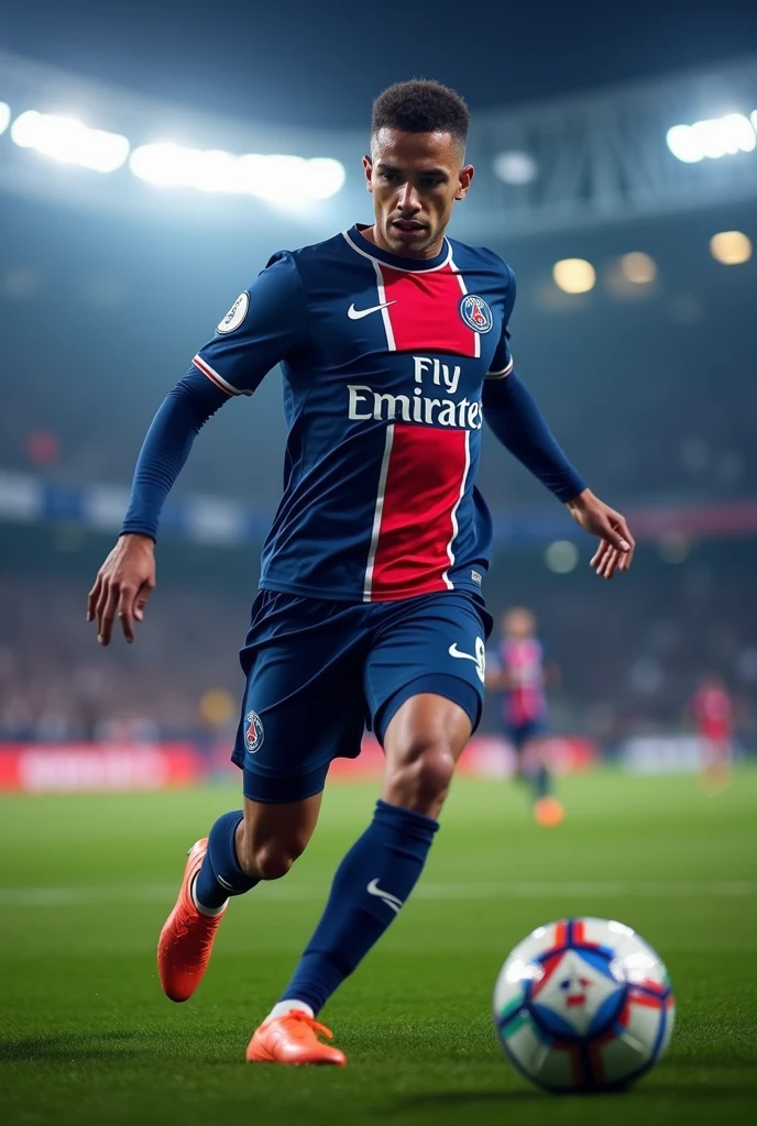 Visualize [YOUR INDICATION], wearing the navy blue PSG uniform, with a central red and white stripe and navy blue shorts, [action] at the Parc des Princes Stadium in the evening, 8k, vibrant colors, stadium lighting.
