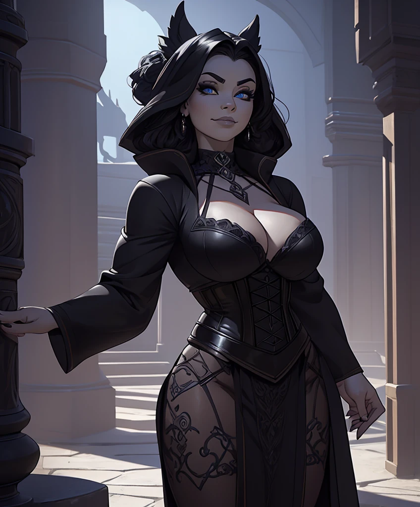 score_9, score_8_up, score_7_up, score_6_up, score_5_up, score_4_up, masterpiece, best quality, score_9, score_8_up, score_7_up, score_6_up, Sexy and alluring female fantasy character, (dark:1.2), (dark fantasy:1), (looking at viewer:1.2), (night:1.2), (eerie:1.2), (1 girl:1.2), (solo:1.2), (pale:1.2), (black robe:1.2), cowboy shot, beautiful, linework, thick outlines, strong shadows, adult woman, Gothic themes. Gothic aesthetic. dark blowout hair, looking up, solo, upper body, detailed background, detailed face, smirk, casting spell, dynamic pose, cinematic atmosphere, This is a fantasy character portrait. Exciting, female adventurer for a high fantasy setting. She looks like an aggressive, fun, confident woman for a fantasy role playing game like Dungeons & Dragons. She is exciting and dramatic, with an excellent fashion sense. Bodice and corset. She is a very interesting woman in her early 20’s. hyper detailed, gothic art, trending on artstation,intricate details, ultra detailed,, ultra detailed clothes, epic masterpiece, ultra detailed, intricate details, award winning, fantasy art concept masterpiece, trending on Artstation, digital art, unreal engine, 8k, ultra HD, centered image,photographed on a Sony A7R IV, 18mm F/1.7 cine lens,