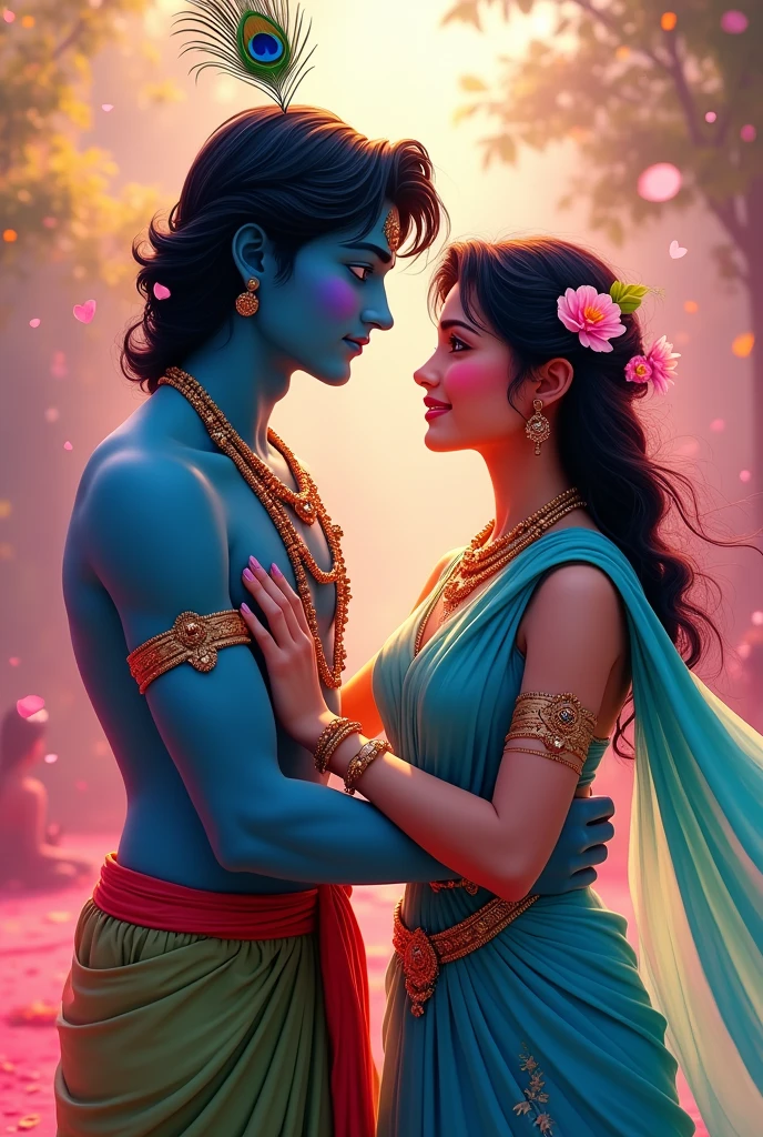 In this vibrant scene, young adult Lord Krishna and Radha are celebrating Holi with joy and color. Krishna, with his dark blue complexion and a peacock feather on his head, is dressed in a light green dhoti. Radha, with her fair complexion, is wearing a light blue ghagra choli and a beautiful dupatta. Her braid is decorated with delicate pink flowers. The air is filled with the vivid hues of Holi, enhancing the festive and lively atmosphere around them.