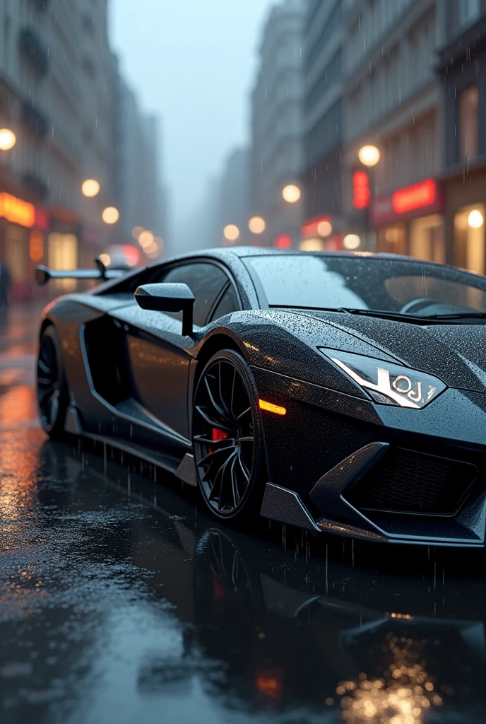 Black sports car with white accents and black chrome wheels, in the rain blurred images in the background High resolution