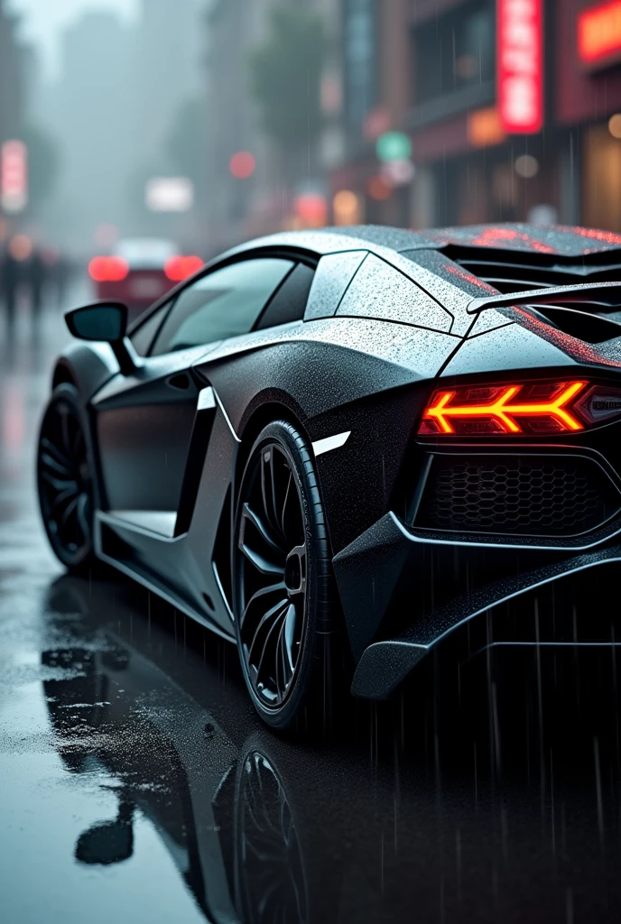 Black sports car with white accents and black chrome wheels, in the rain blurred images in the background High resolution