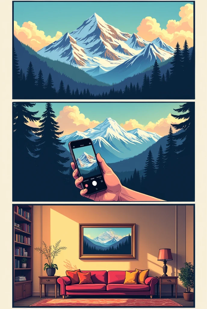 Make a comic strip:
Show a beautiful mountain landscape.
Then show the landscape on a phone camera.
Then show the picture taken framed inside a house