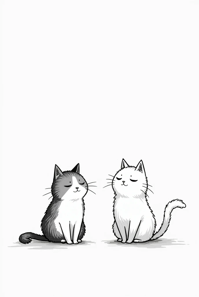 Simple anime drawing of two cats, in black and white far apart from each other with a fantasy aspect, no back ground