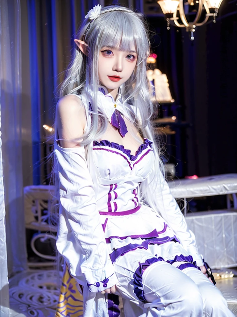 ulzzang-6500-v1.1,(raw photo:1.2),((photorealistic:1.4))best quality ,masterpiece, illustration, an extremely delicate and beautiful, extremely detailed ,CG ,unity ,8k wallpaper, finely detail, best quality,extremely detailed CG unity 8k wallpaper,absurdres, incredibly absurdres, huge breats,sexy body,huge filesize, ultra-detailed, highres, extremely detailed,beautiful detailed girl, extremely detailed eyes and face, beautiful detailed eyes,light on face,cinematic lighting,1girl,(full body),(full-body shot),looking at viewer,outdoors, silver_hair, pointy_ears, purple_eyes, hair_ornament, hair_ribbon, lips