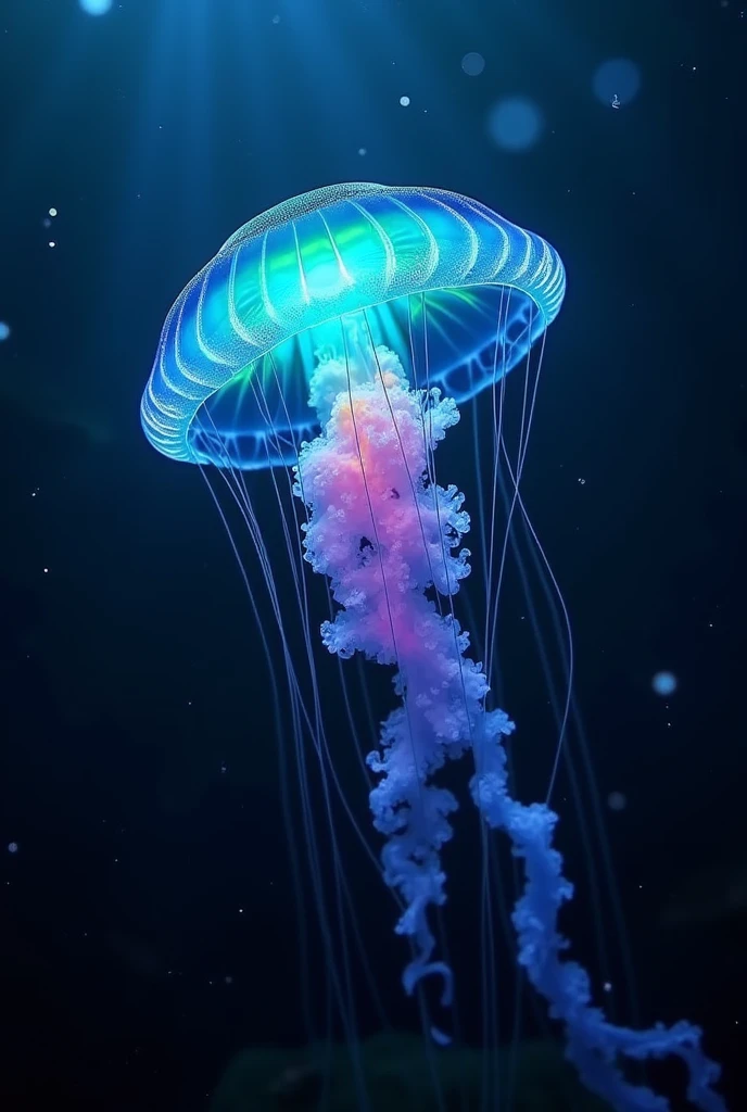 a stunning colorful bioluminiscent jellyfish into the deep ocean,stunning best quality submarine photograph, documental style masterpiece 32k, in the resolution 1152x2145