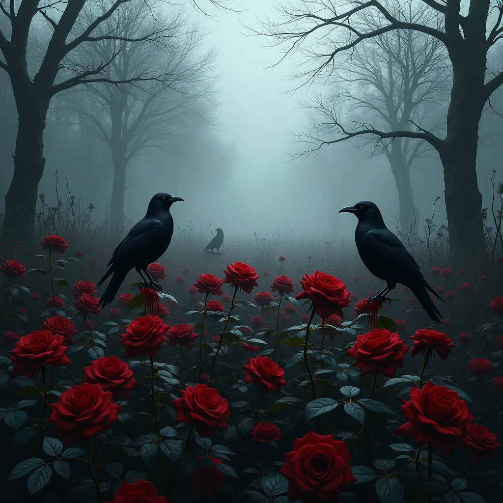 Make me a picture, Realistic panel, make a black rose garden, with blood stains, several crows and a dry forest with fog.