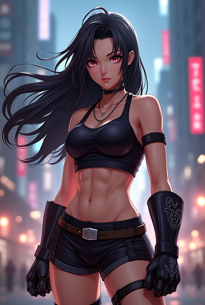 Create a realistic and detailed full-length portrait of Lyne, a captivating character blending the essence of Marceline from Adventure Time and Undyne from Undertale, she has Light blue-gray skin with shimmering blue fish-like scales on her arms and shoulders, Long, dark crimson hair in a spiky ponytail with choppy bangs framing her face, Sharp yellow eyes with red pupils, small fins on the sides of her head and sharp fangs hinting at vampiric traits, Lean athletic figure for an intimidating yet graceful presence, Dark-gray ripped tank top and intricate amphibious armor, Black ripped jeans with torn knees, dark red boots, black finger-less gloves for a punk-inspired touch, Dark makeup around her eyes and subtle vampire bite marks on her neck, powerful punk vampire fish warrior, cool and fierce, masterpiece, high quality, 4K, muscle, full body, 