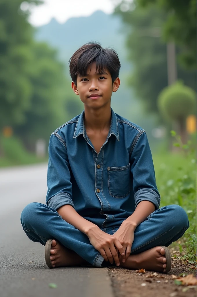 A boy with short hair and sits with his legs stretched out, taking a realistic photo