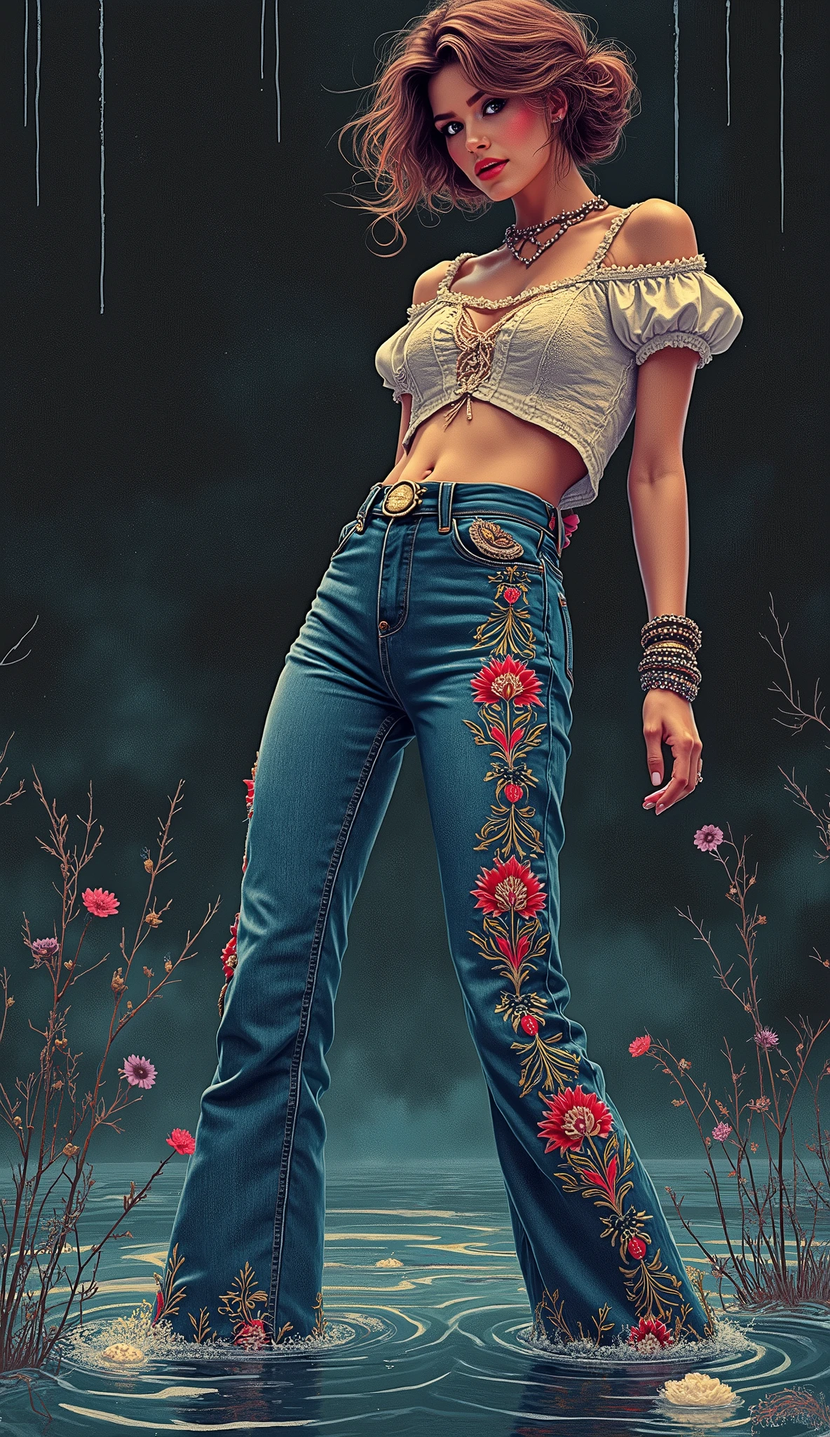 light line art, pop-art, masterpiece, retro light, exquisite ornament diva, washed dark jeans embroidered nordic patterns, flared detailed,experiences sexual tension,sinking in bog, void, exquisite top, fractal