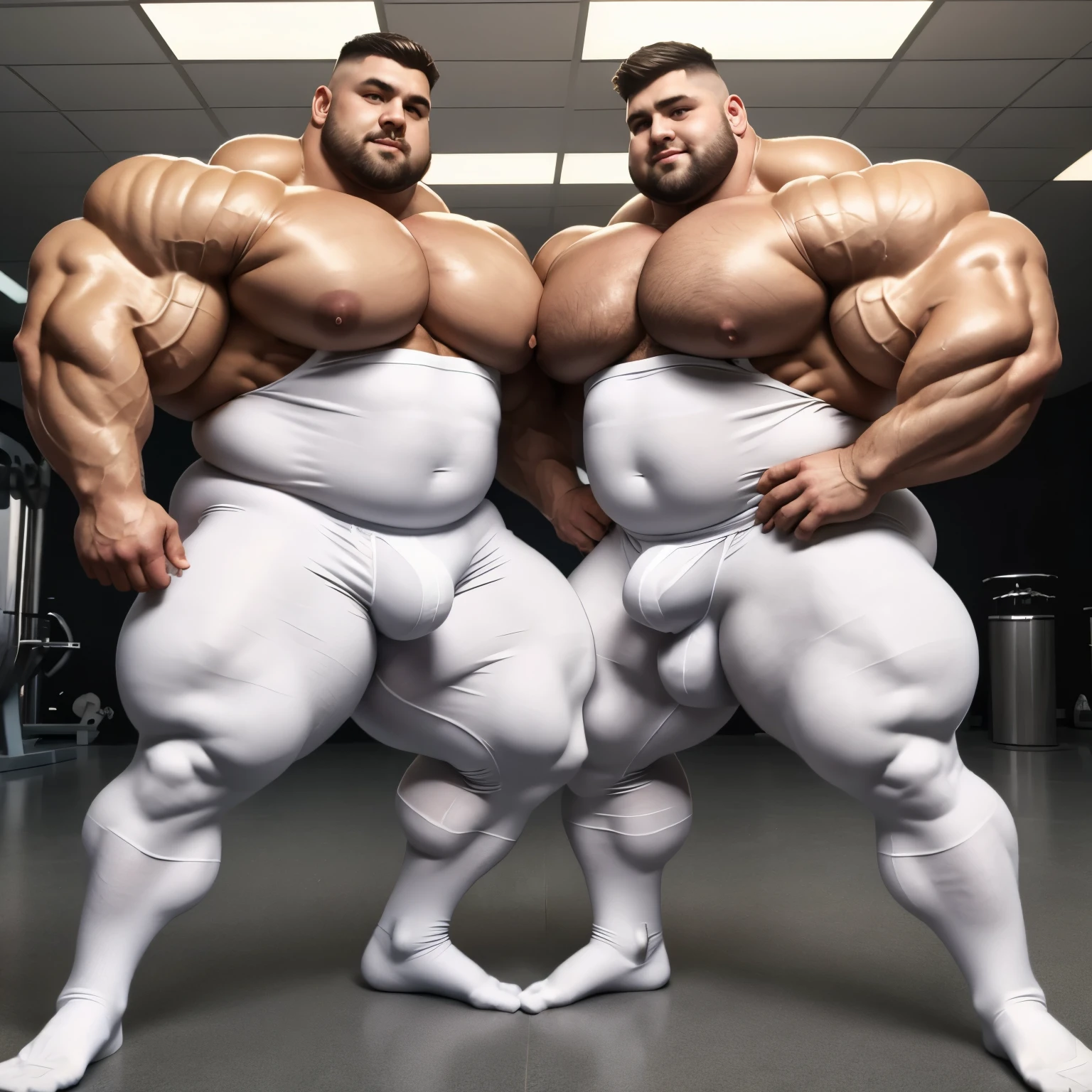 HQ photo, detailed faces, full body view, two shirtless beerbellied over-muscular bloated white european heavyweights males with undercut clean haircuts, lycra jumpsuits, in white pro sheer socks , overfed like obese gorets, over-muscular and fatly obese, posing flexing over-inflated triple-biceps . their pecs and bulges are touching. Their socks must be seen