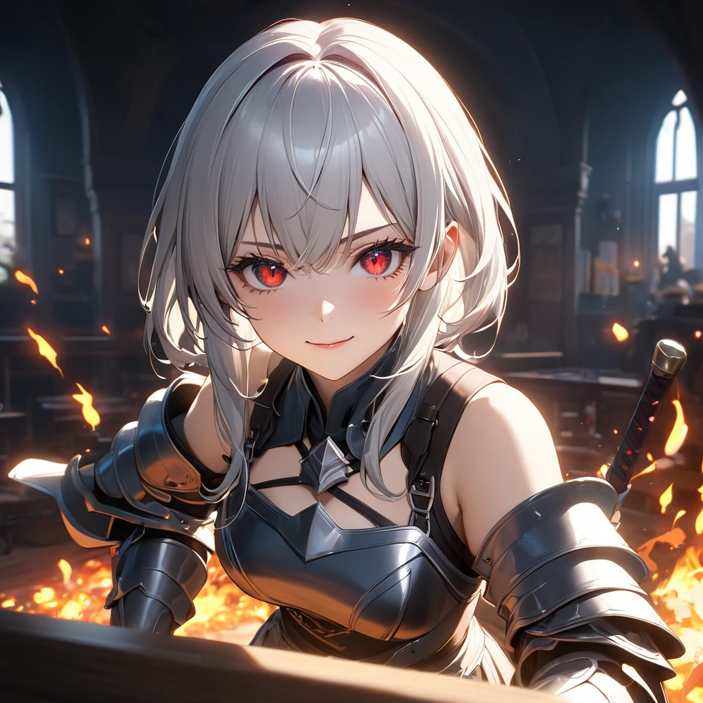 最high quality, wonderful_delicate, wonderful delicate eyes, Super detailed, beautiful, 8k , One girl, Red eyes, evil, Facial Contour,(Absurd, High resolution, Super detailed), masterpiece, The perfect solution, wonderfulディテール, Super Detailed, Cinema Lighting, Ray Tracing, Depth of written boundary, Cinema Lighting, Ray Tracing, 超High resolution, Attention to detail, 最high quality, High resolution, high quality, Awards, Super Detail, masterpiece, 8k, 超High resolution, Attention to detail, 最high quality, High resolution, high quality, Awards, Super Detail, masterpiece, 8k, Digital Art, Anime Coloring,(Official Art、最high quality、unity 8k wallpaper、32K、masterpiece、Very detailedな、超High resolution、Realistic、Photorealistic:1.2)、(Cinema Lighting:1.2)、Fire glow effect、Film Grain、Best Shadow、Rim Light、Side light、(Very detailedで複雑な3Dレンダリング)、((Swiss countryside village、とてもbeautiful背景))、細部までbeautiful顔と目、(Beautiful and sharp eyes)、masterpiece, High resolution、最high quality, ultra High resolution, Maximum resolution, Very detailed, Professional Lighting, beautiful肌, 2. Women、Silver Hair、Hololive、Shirogane Noel、knight、armor、Warrior、smile、((Show off your swordsmanship、knightの剣、knightの盾))、royal palace、city、((whole body))、((Accurate Anatomy))