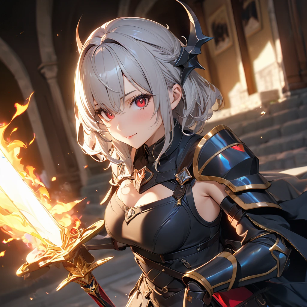 最high quality, wonderful_delicate, wonderful delicate eyes, Super detailed, beautiful, 8k , One girl, Red eyes, evil, Facial Contour,(Absurd, High resolution, Super detailed), masterpiece, The perfect solution, wonderfulディテール, Super Detailed, Cinema Lighting, Ray Tracing, Depth of written boundary, Cinema Lighting, Ray Tracing, 超High resolution, Attention to detail, 最high quality, High resolution, high quality, Awards, Super Detail, masterpiece, 8k, 超High resolution, Attention to detail, 最high quality, High resolution, high quality, Awards, Super Detail, masterpiece, 8k, Digital Art, Anime Coloring,(Official Art、最high quality、unity 8k wallpaper、32K、masterpiece、Very detailedな、超High resolution、Realistic、Photorealistic:1.2)、(Cinema Lighting:1.2)、Fire glow effect、Film Grain、Best Shadow、Rim Light、Side light、(Very detailedで複雑な3Dレンダリング)、((Swiss countryside village、とてもbeautiful背景))、細部までbeautiful顔と目、(Beautiful and sharp eyes)、masterpiece, High resolution、最high quality, ultra High resolution, Maximum resolution, Very detailed, Professional Lighting, beautiful肌, 2. Women、Silver Hair、Hololive、Shirogane Noel、knight、armor、Warrior、smile、((Show off your swordsmanship、knightの剣、knightの盾))、royal palace、city、((whole body))、((Accurate Anatomy))