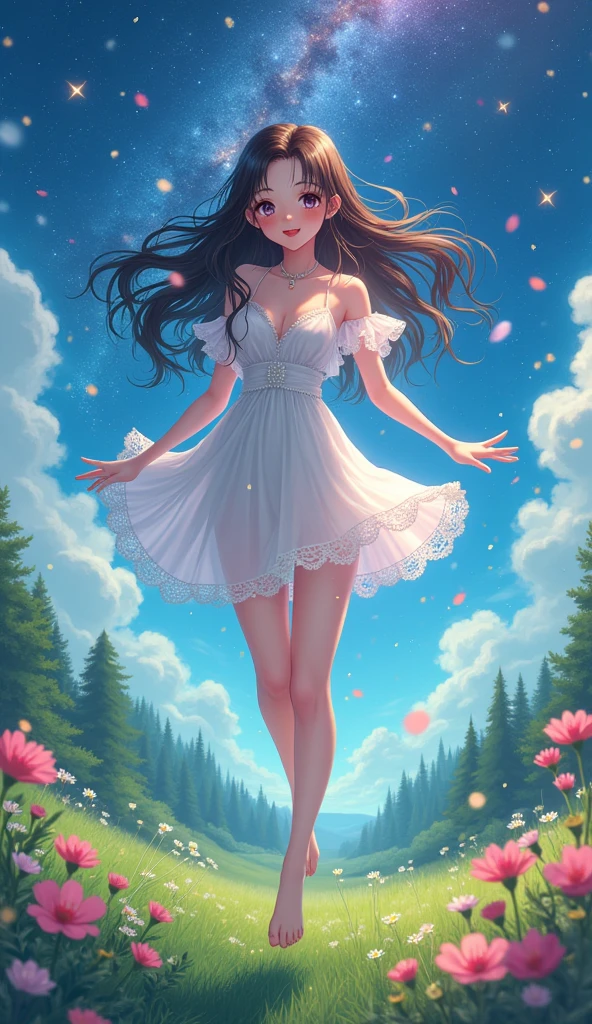 (masterpiece、Highest quality、8k、High resolution)、1 female、Beautiful eyes with slit length、Cute lips、Beautiful Nose、Brownish black hair、smile、(Best anime girl)、Green grassland with forest view、Walking,(Barefoot, off the ground, flying, running, high, high),Fantasy art,Colorful flowers blooming in the field,A bright night with the stars clearly visible、milky way、(Mysterious light particles from the whole body、Colorful light particles)、jewelry、necklace、White lace dress、(Beautiful full body style)、Highly detailed anime art、A complete portrayal、
