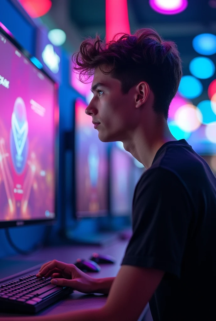Young man looking to the side in black shirt at a video game fair with purple and blue lights