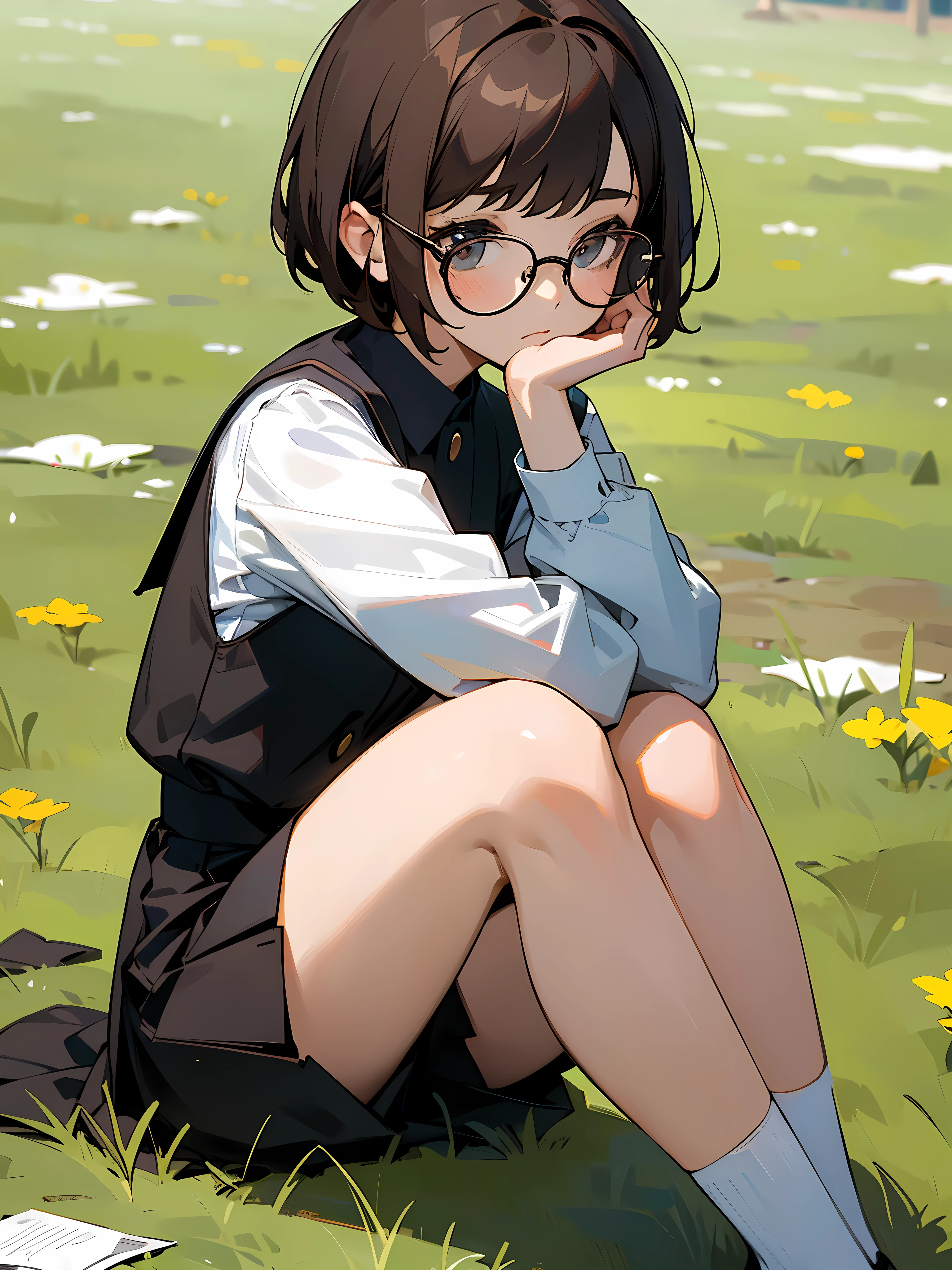 A short-haired girl with dark brown hair, wearing round glasses and a white-black school uniform, sitting with her knees up on the grass. Her face is filled with thoughtful expressions