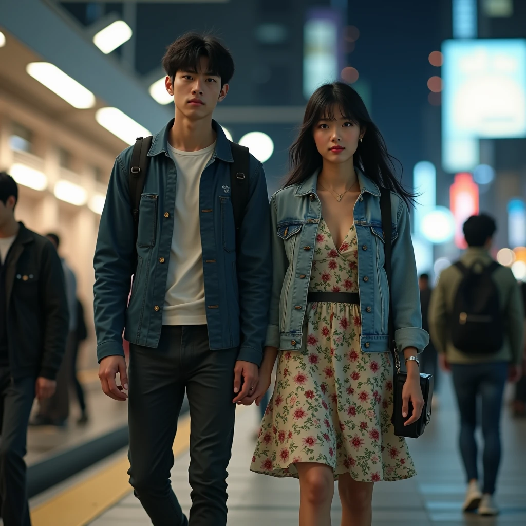 high resolution, full body view, photogenic, Japanese woman, beautiful radiant face, black hair in a bun, wearing a floral tunic combined with a jeans jacket and sneakers, modern and stylish, combined with a small bag on her back, walking with a young man, clean face, train station environment in tokyo city at night, dynamic, very detailed,High Resolution, Masterpiece, High Details, Textured Skin, 