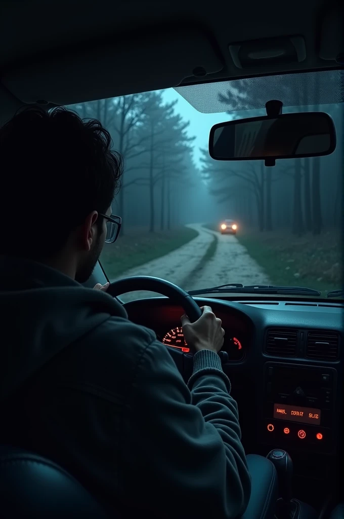 Narration/Visual: The protagonist expresses their anxiety about driving at night and the urgency to take the old country road.Image Prompt: A dark, deserted country road at night, lined with dense trees. The road is narrow, with the car's headlights barely illuminating the path ahead.