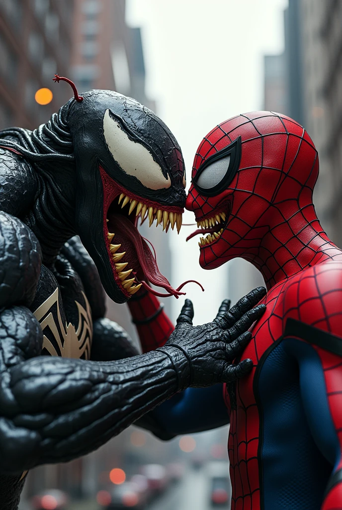 A venom hitting spiderman by punch at face 