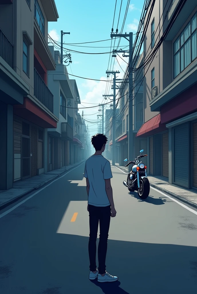 Man in white t-shirt seeing from afar only the motorcycle on the other side of the deserted street parked anime hd
