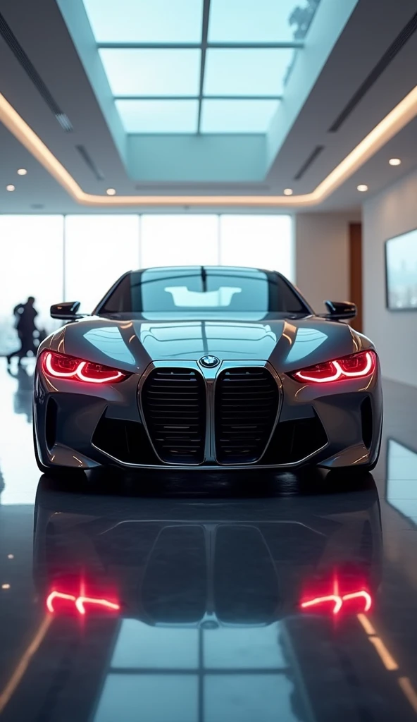 BMW car, red headlights, body reflection, in showroom reflection