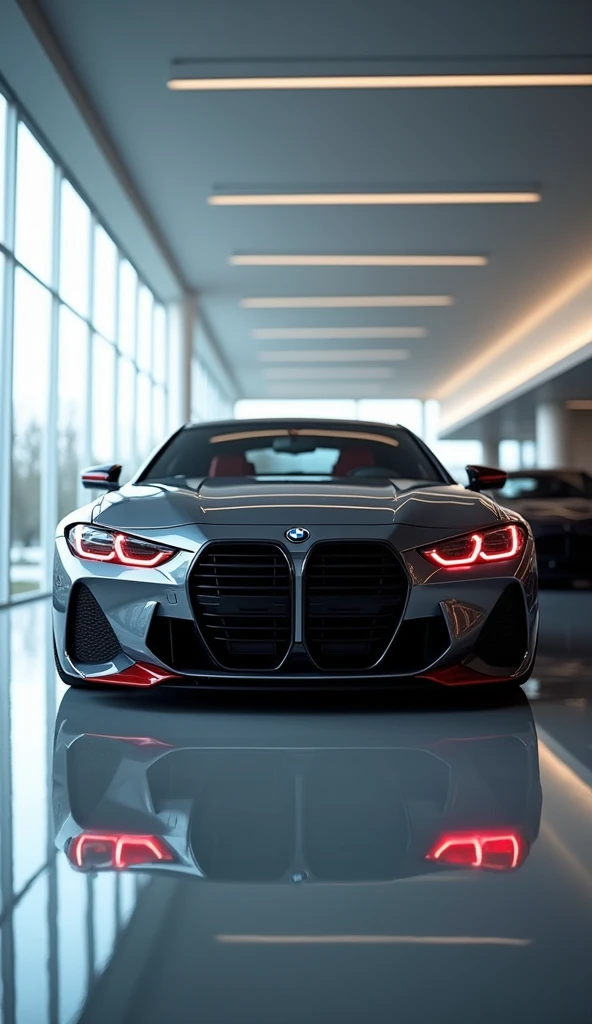 BMW car, red headlights, body reflection, in showroom reflection
