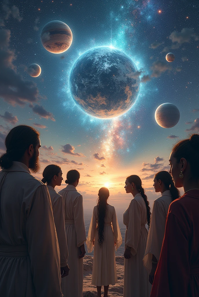 Image de plusieur personnes d’ethni differente,qui ecoute une histoire, le narrateur de l’histoire est l’univers