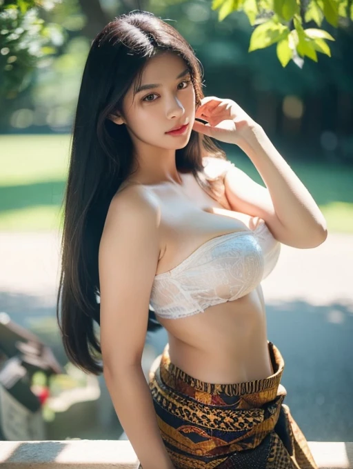 1 Indonesian-Dutch girl, 2, long fashion hair, black and straight hair, fit body, ample cleavage, puffed round breasts, (aerola shown), big breast , batik short skirt, masterpiece, realistic photography, photorealism, highly detailed, ultra hd, 8k, detailed face, bright eyes, perfect eyes, detailed skin texture, charming makeup, detailed lips, sensual lips, perfect hands, outdoor, dynamic light and rendering, cowboy shot, sharp focus, in summers, nsfw