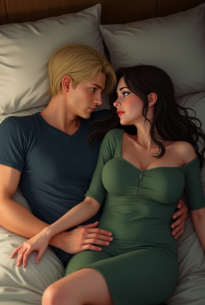 1 man, young man, 2, Leon S. Kennedy from the game "Resident Evil 4", Eudard Badaluta's face, solo, Dark blonde hair, Curtain hairstyle, navy t-shirt, lying on the bed, sporty, volumetric lighting, depth of field. 

1 woman, young woman, beautiful, curvy but slim figure, long dark brown hair, blue eyes, green dress with 3/4 zip, lying on bed.