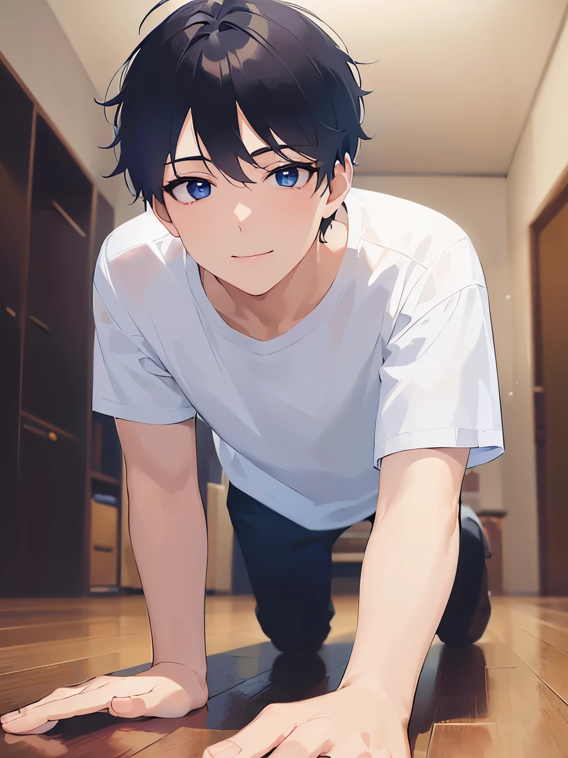 all fours, Shooting from below、Close-up of your face、masterpiece、Highest quality、(2 male:1.5) and (Black short hair) and (blue eyes), (White T-shirt:1.3), Are standing、smile, The background is the living room at night、(alone:1.5)、