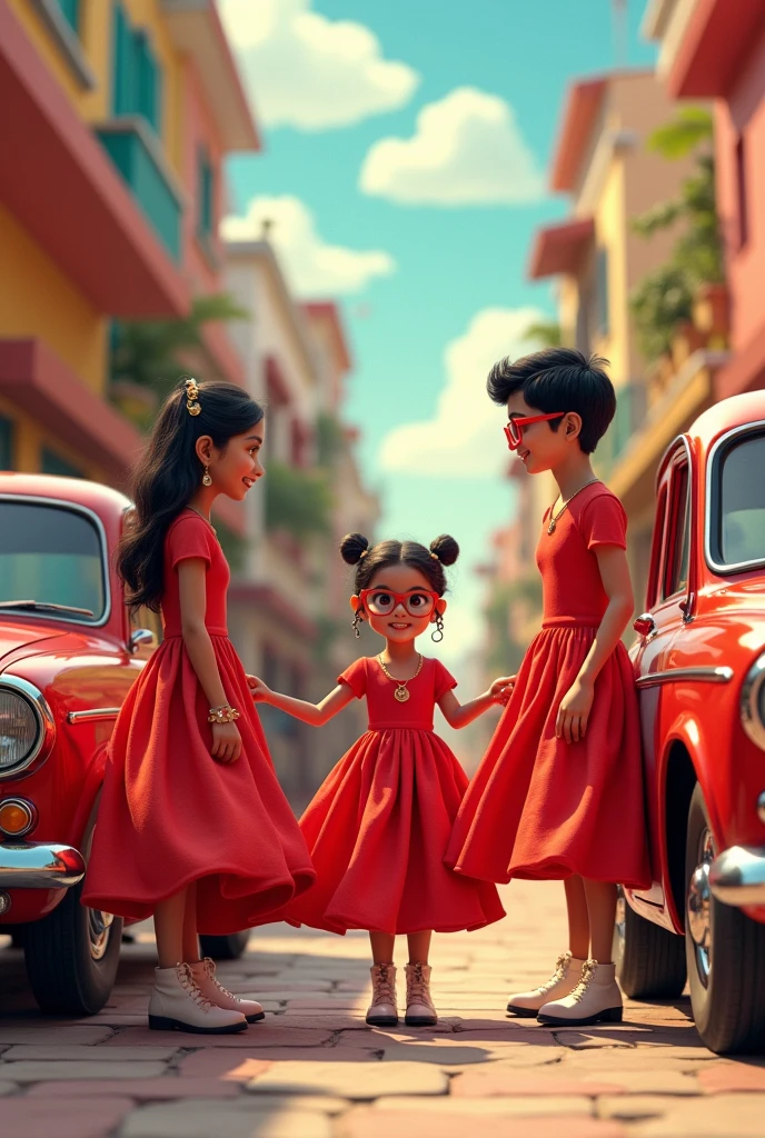 Two cars named Arjun and Pooja and a boy and a girl both wearing a red dress and that dress named Arjun and Pooja on a dress and white boots and glasses red on their feet.