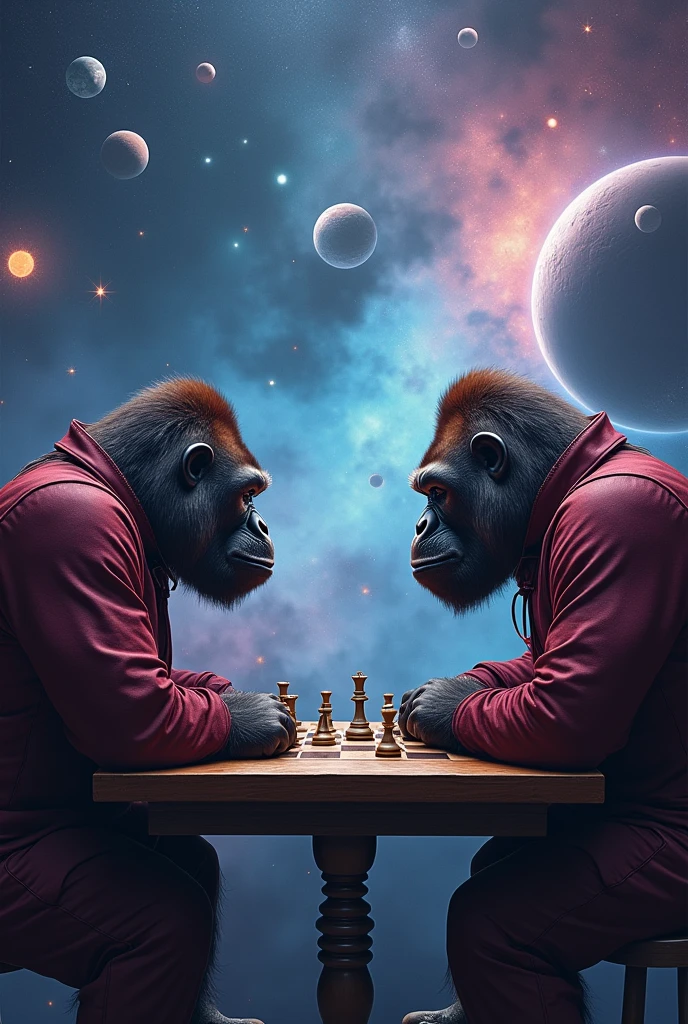 create an image of realistic gorillas playing chess in a burgundy uniform in the universe with galaxies and planets in the background