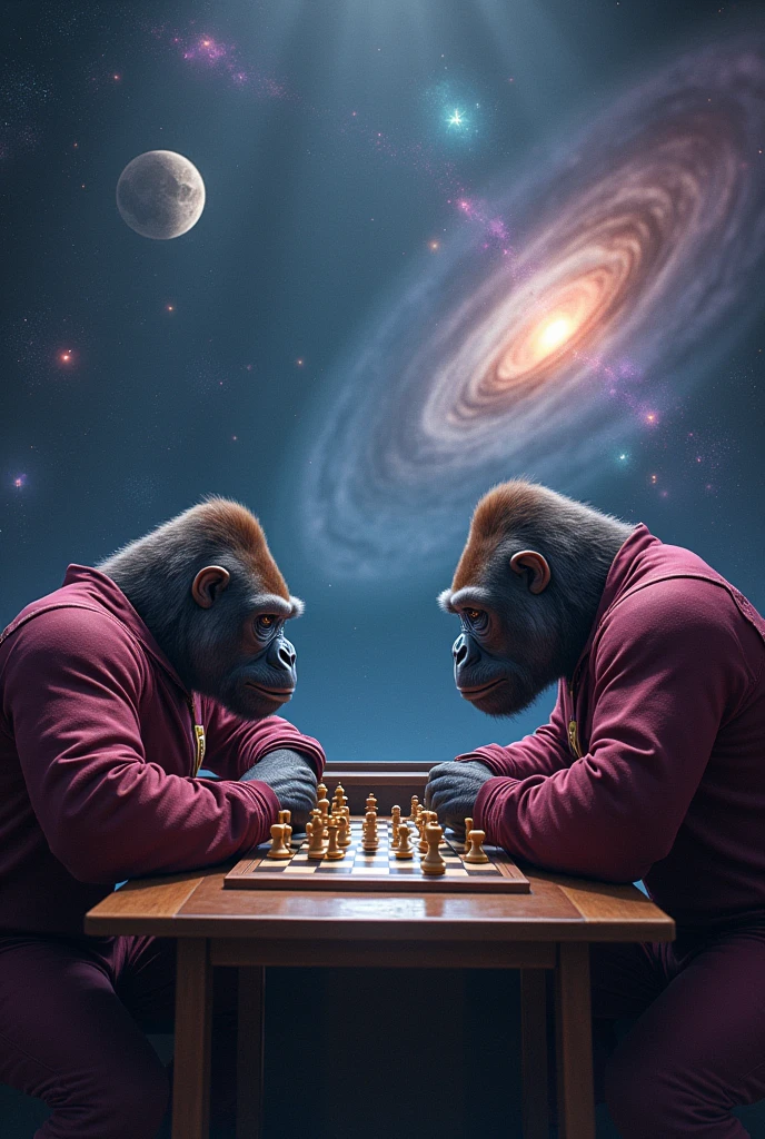 create an image of realistic gorillas playing chess in a burgundy uniform in the universe with galaxies and planets in the background
