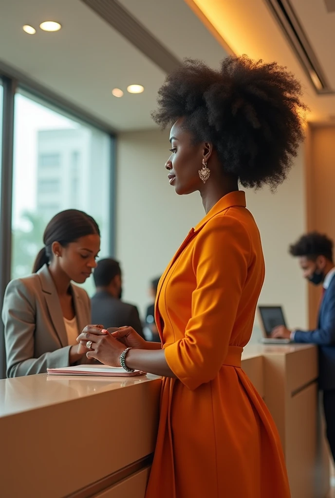 An african woman in a nice dress opening a bank account at a bank till