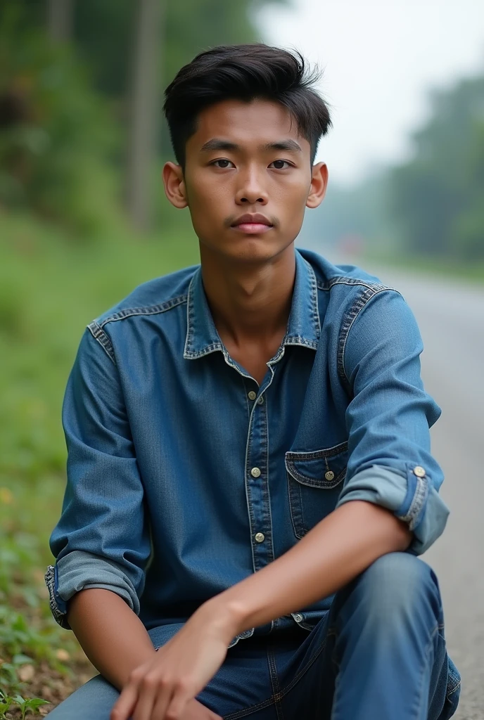 Myanmar young man who was sitting on the road
(He is wearing a jean shirt and a jean long pants 